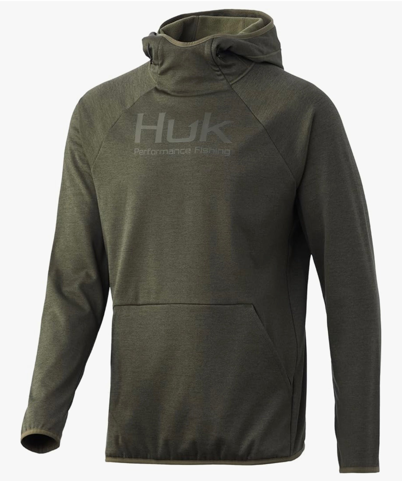 Premium Performance HUK-FIN Hoodie Military Green. Walled Lake Ice Fishing Derby Logo