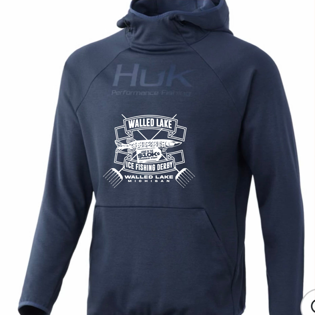 Premium Performance HUK-FIN Hoodie Dark Blue Walled Lake Ice Fishing Derby Logo